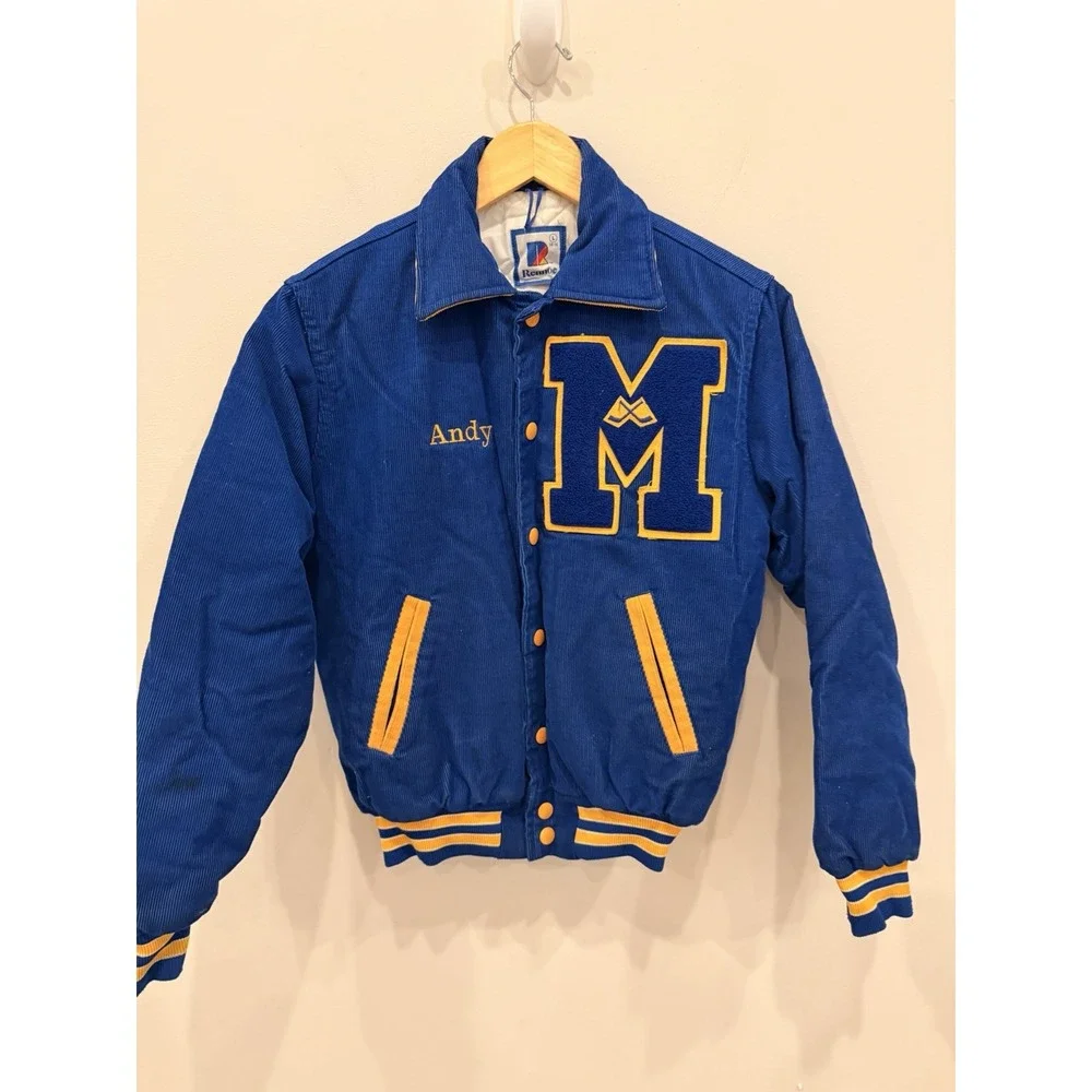 Vintage Youth Varsity‎ Jacket Corduroy Blue Hockey Jacket Size L 14–16 Retro